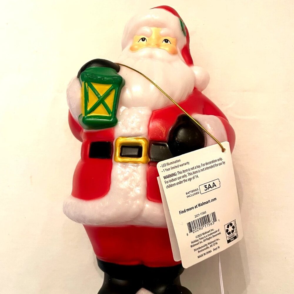 11" Blow Mold Santa Light Up Tabletop Glitter base 3AA batteries "Christmas Time